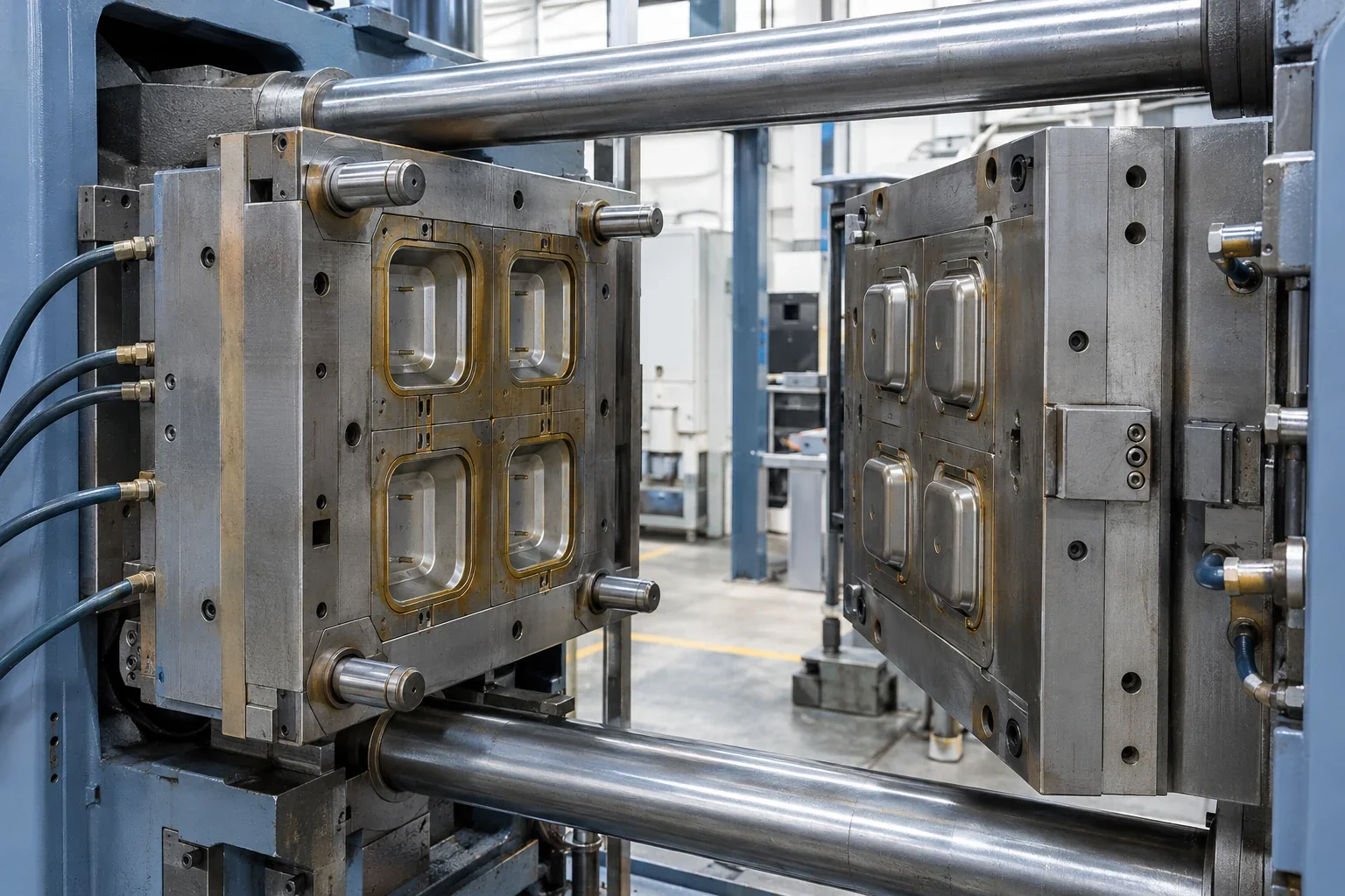 Illustrative injection-mould cavities, parting surfaces and guide pins inside an open press