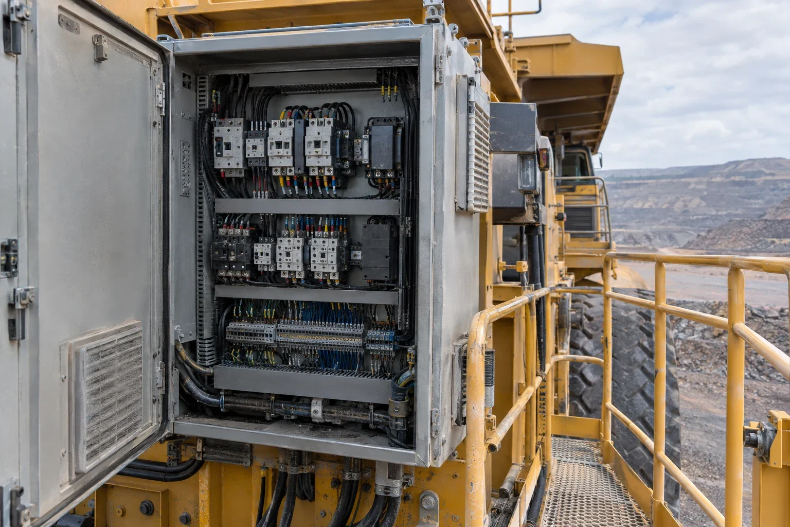 Illustrative open electrical control cabinet on the service deck of a parked electric-drive mining haul truck