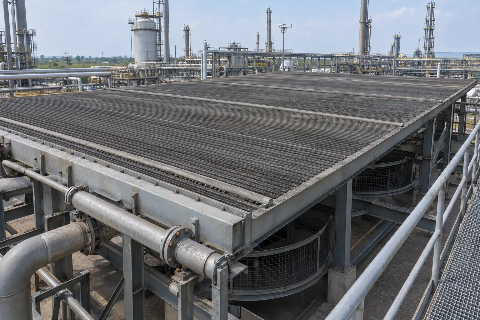Illustrative refinery air-cooled heat-exchanger bank with finned bundles and stationary guarded fans