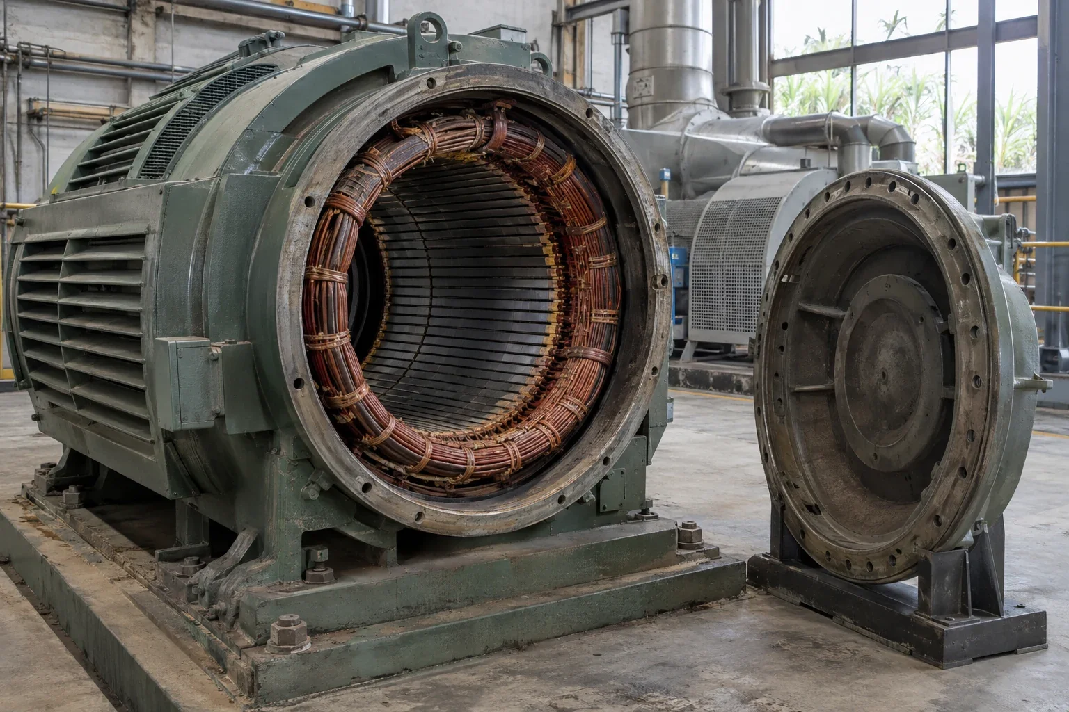Illustrative sugar-mill cogeneration alternator opened to show stator windings and cooling passages